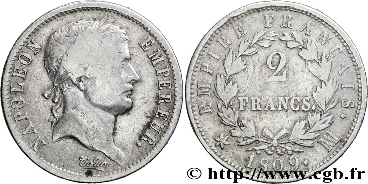 2 francs Napoléon Ier tête laurée, Empire français 1809 Marseille F.255/6 S 