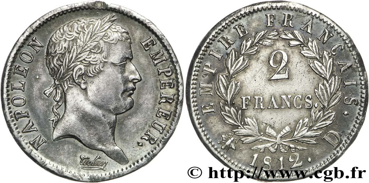 2 francs Napoléon Ier tête laurée, Empire français 1812 Lyon F.255/41 XF 