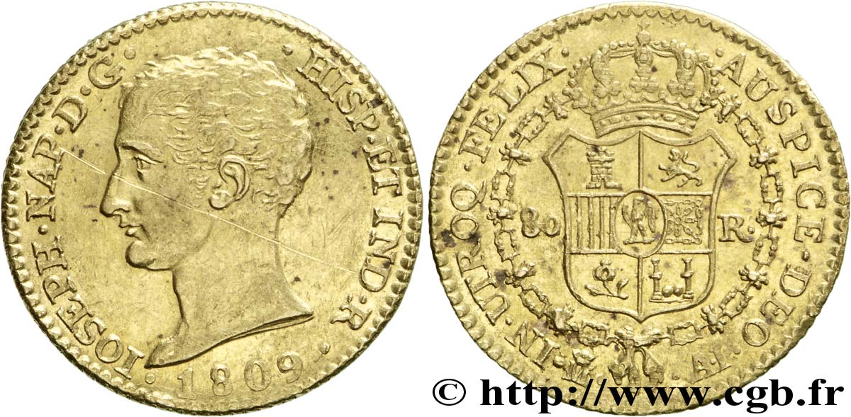 80 reales or, 1er type 1809 Madrid VG.2060  TTB 