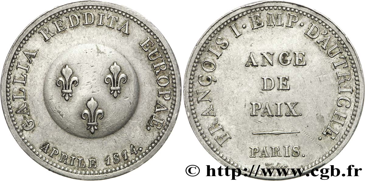 Ange de Paix, module de 2 francs pour François Ier d’Autriche en argent 1814 Paris VG.2357  SUP 