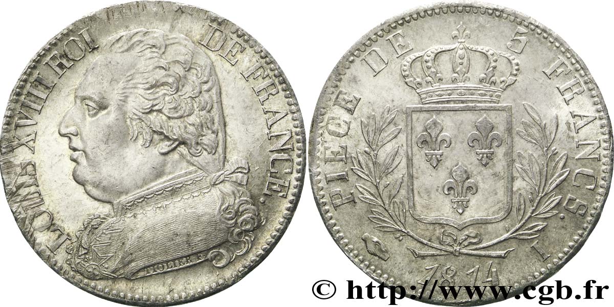 5 francs Louis XVIII, buste habillé 1814 Limoges F.308/6 AU 