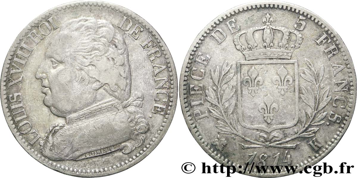 5 francs Louis XVIII, buste habillé 1814 Bordeaux F.308/7 TTB 