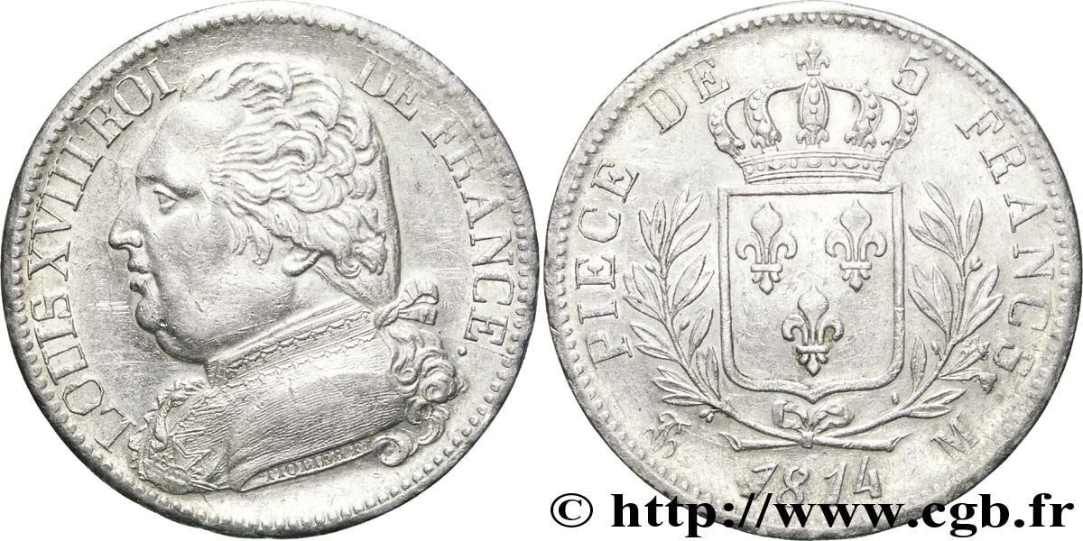5 francs Louis XVIII, buste habillé 1814 Toulouse F.308/9 SUP 