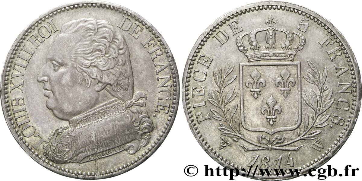 5 francs Louis XVIII, buste habillé 1814 Lille F.308/13 TTB 