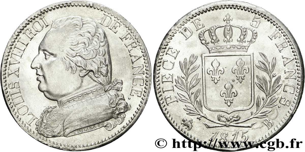 5 francs Louis XVIII, buste habillé 1815 Rouen F.308/16 SPL 