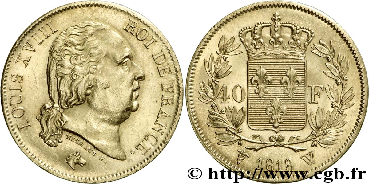 40 francs or Louis XVIII 1818 Lille F.542/8 AU 