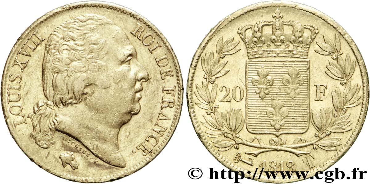 20 francs or Louis XVIII, tête nue 1818 Nantes F.519/13 BB 