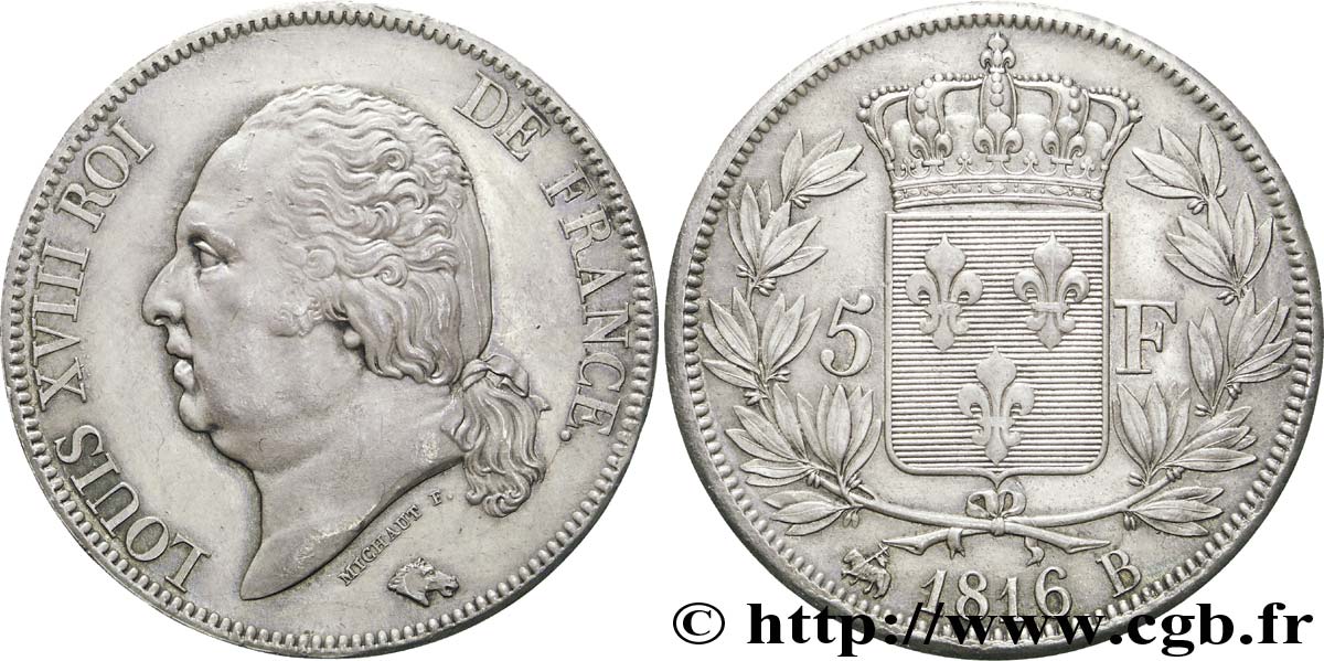 5 francs Louis XVIII, tête nue 1816 Rouen F.309/2 SUP 