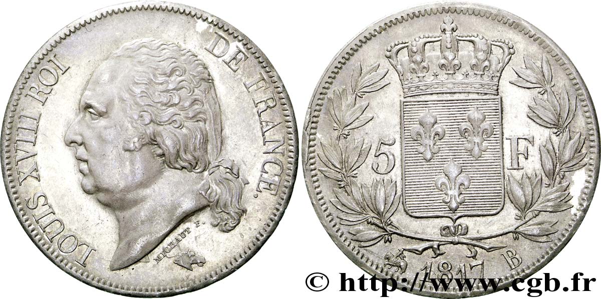 5 francs Louis XVIII, tête nue 1817 Rouen F.309/15 EBC 