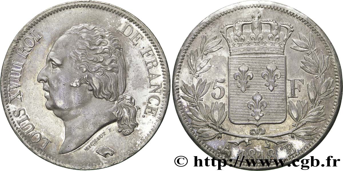 5 francs Louis XVIII, tête nue 1818 Rouen F.309/29 VZ 