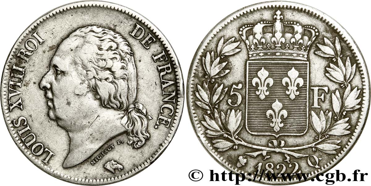 5 francs Louis XVIII, tête nue 1822 Perpignan F.309/74 BB 