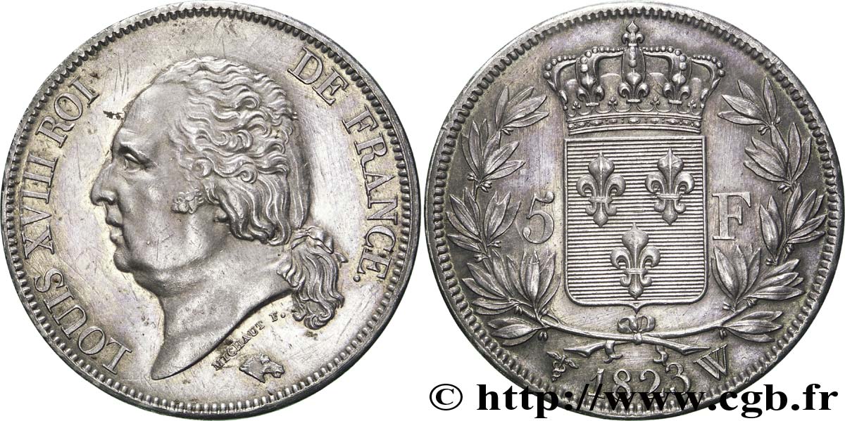 5 francs Louis XVIII, tête nue 1823 Lille F.309/87 AU 