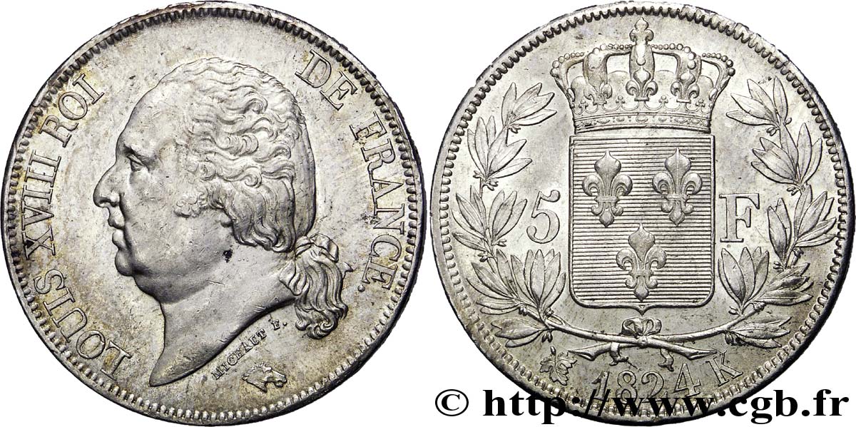 5 francs Louis XVIII, tête nue 1824 Bordeaux F.309/93 SUP 