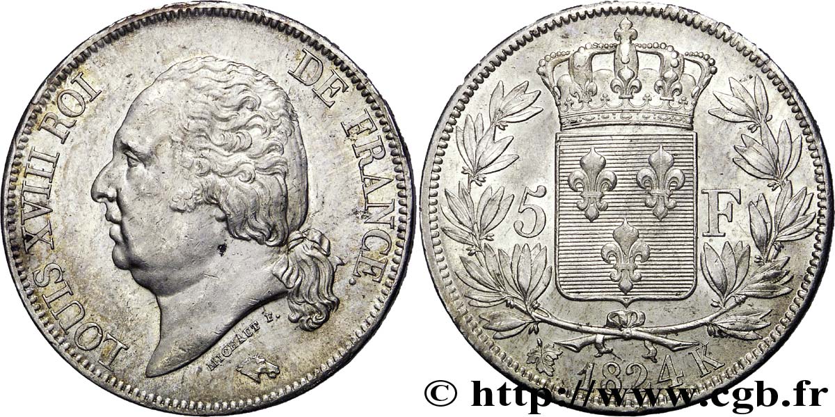 5 francs Louis XVIII, tête nue 1824 Bordeaux F.309/93 EBC 