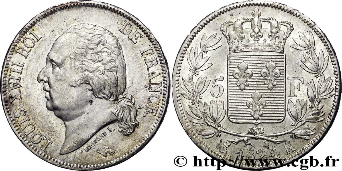 5 francs Louis XVIII, tête nue 1824 Bordeaux F.309/93 AU 