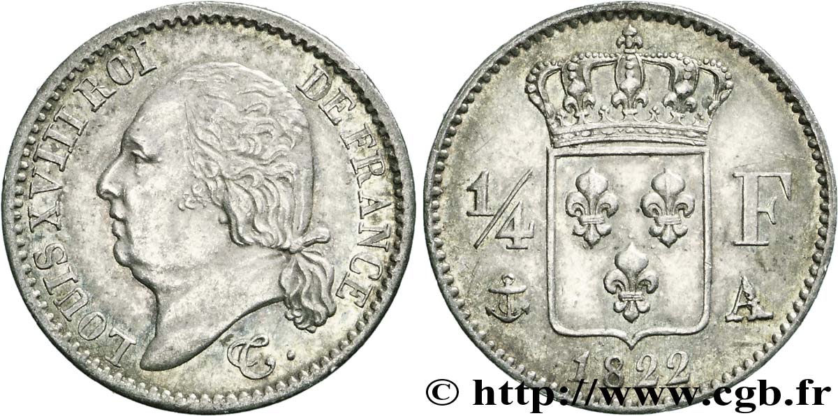 1/4 franc Louis XVIII 1822 Paris F.163/21 VZ 