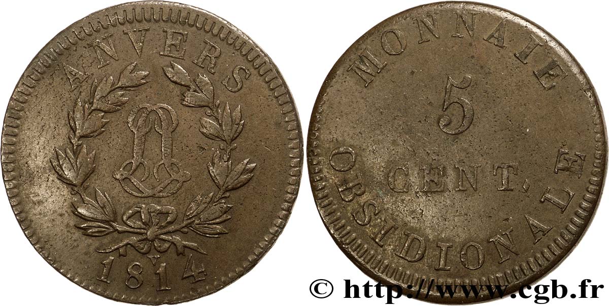 5 cent. Anvers au double L, frappe de l’atelier de Wolschot 1814  Anvers F.115D/1 var. TB 