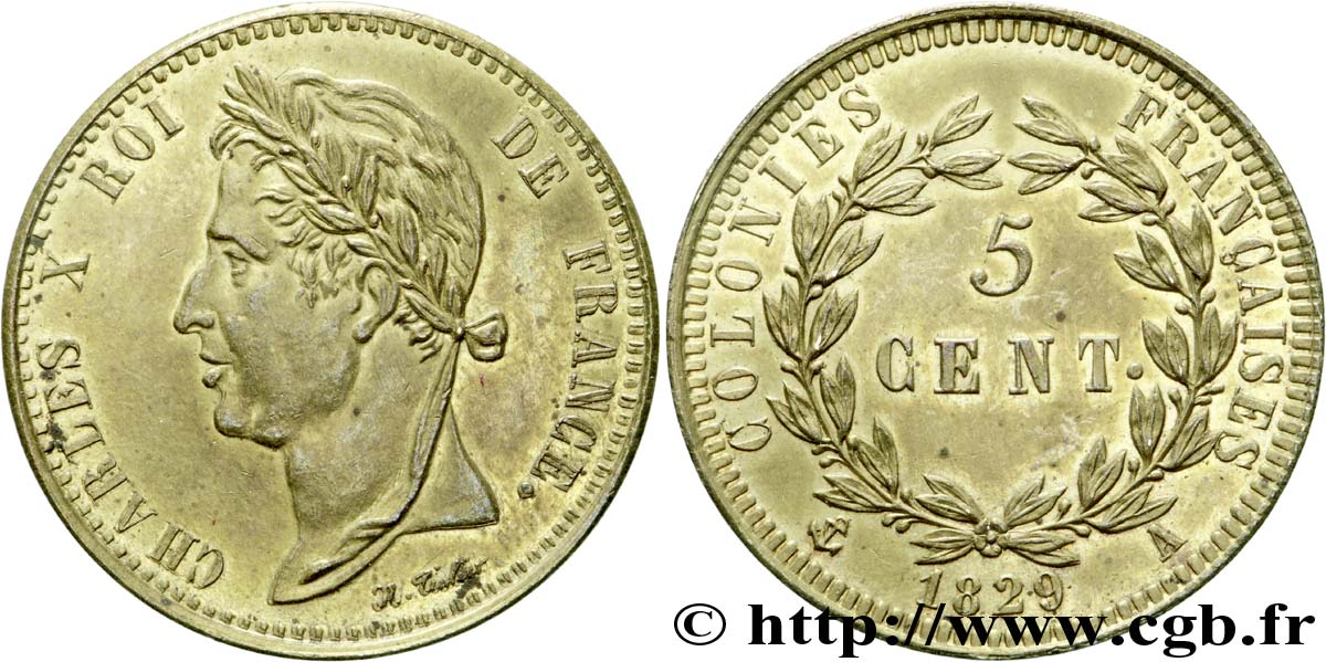 CHARLES X 5 centimes pour les colonies françaises, Guyane 1829 Paris SUP 