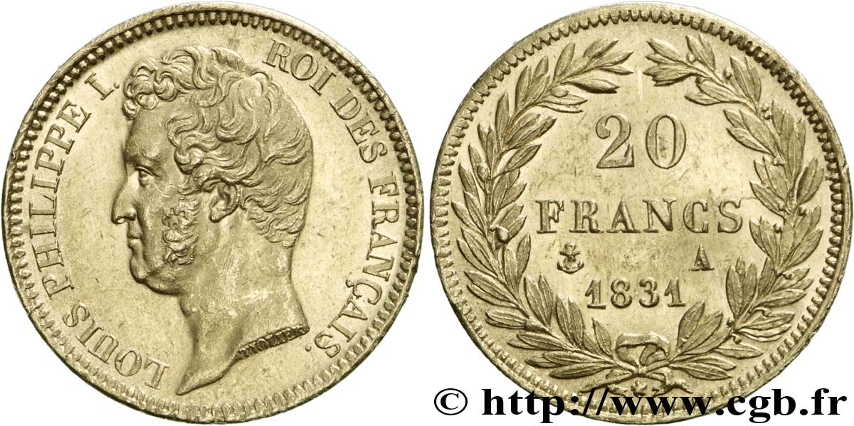 20 francs or Louis-Philippe type Tiolier, tranche inscrite en creux 1831 Paris F.524/2 EBC 