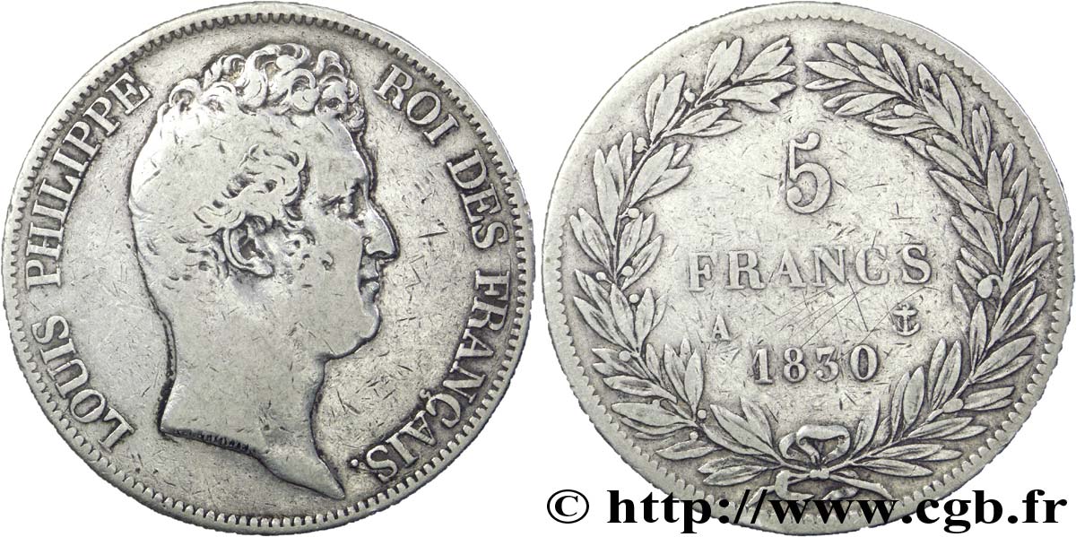 5 francs type Tiolier sans le I, tranche en relief 1830 Paris F.314/1 TB 