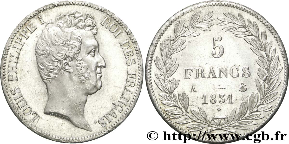5 francs type Tiolier avec le I, tranche en creux 1831 Paris F.315/14 AU 