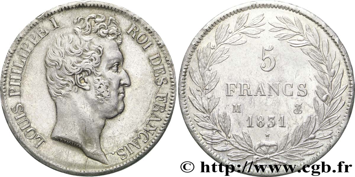 5 francs type Tiolier avec le I, tranche en creux 1831 Toulouse F.315/22 SUP 