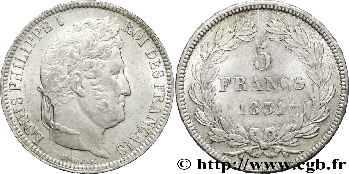 5 francs Ier type Domard, tranche en relief 1831 Rouen F.320/2 AU 