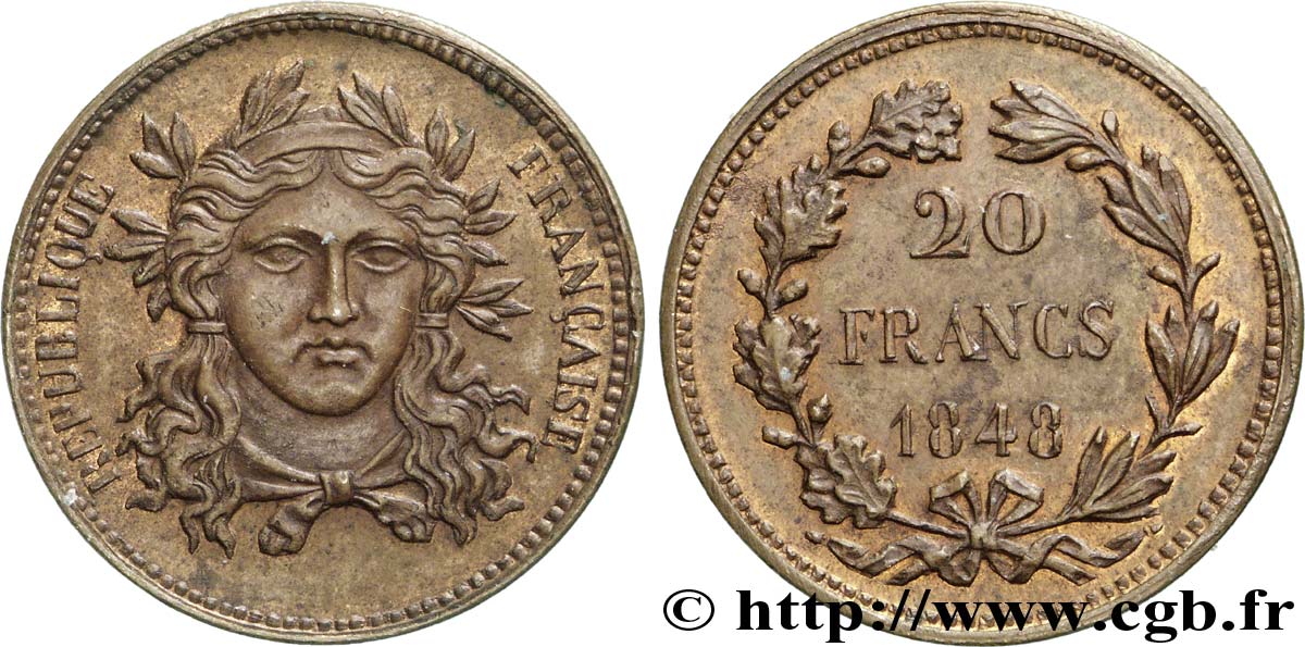 Concours de 20 francs, piéfort en cuivre attribué à Gayrard 1848  VG.3050  EBC 