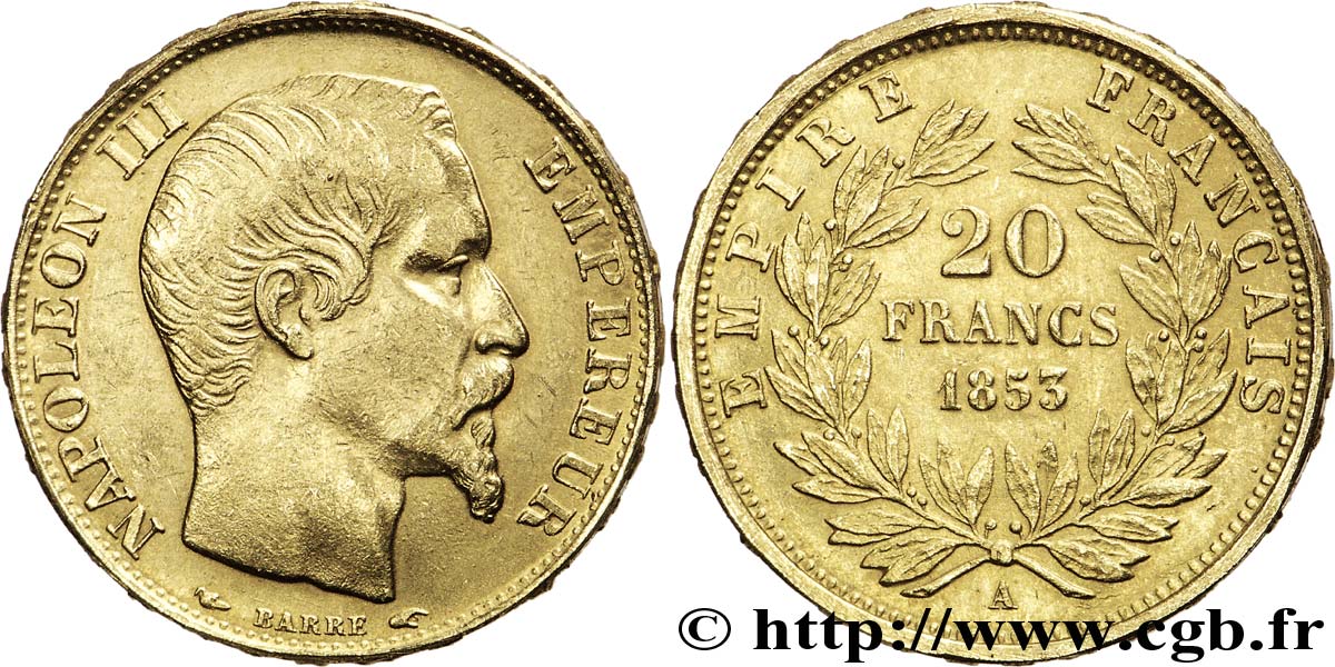 Faux de 20 francs or Napoléon III, tête nue, frappe médaille 1853 Paris F.531/1 var. SS 