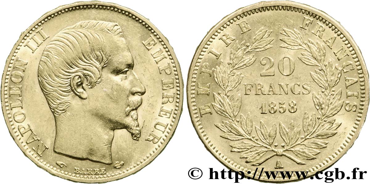 20 francs or Napoléon III, tête nue 1858 Paris F.531/13 SUP 
