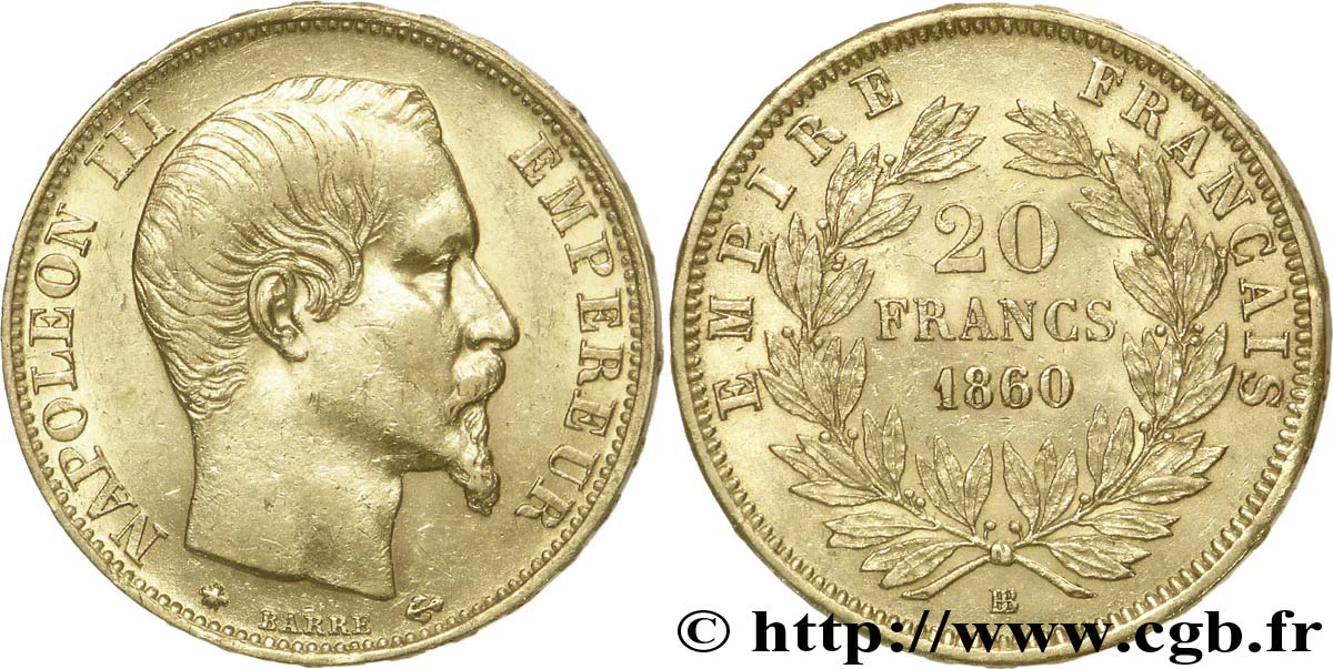 20 francs or Napoléon III, tête nue 1860 Strasbourg F.531/20 XF 