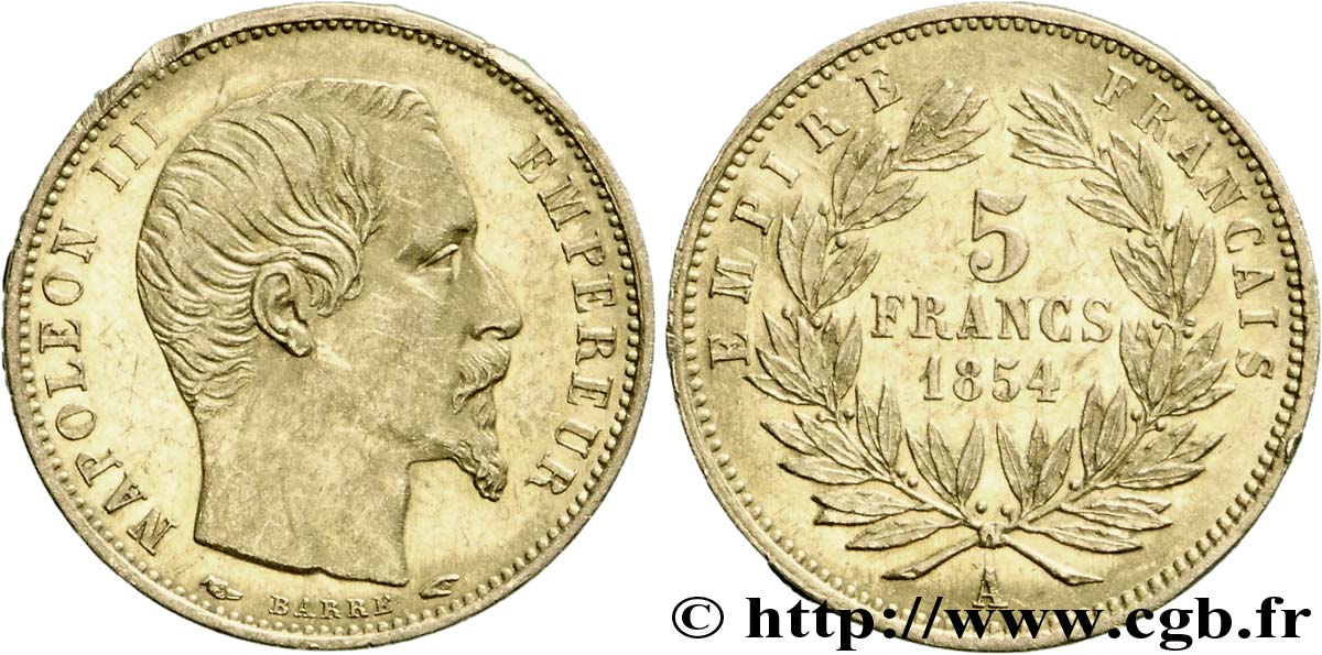 5 francs or Napoléon III, tête nue, petit module, tranche lisse 1854 Paris F.500/1 MBC 