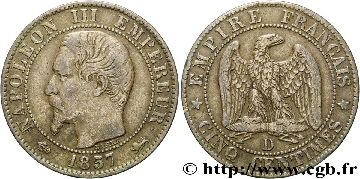 Cinq centimes Napoléon III, tête nue 1857 Lyon F.116/40 XF 