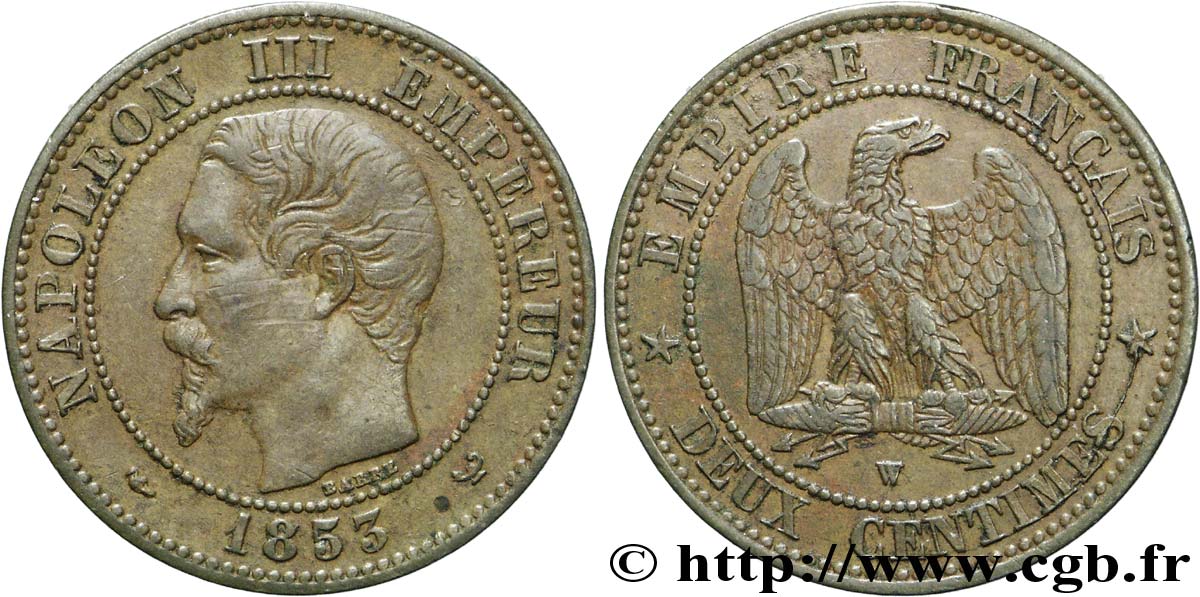 Deux centimes Napoléon III, tête nue 1853 Lille F.107/8 TTB 