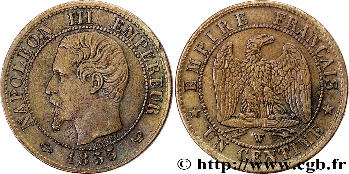 Un centime Napoléon III, tête nue, différent ancre 1855 Lille F.102/25 BB 