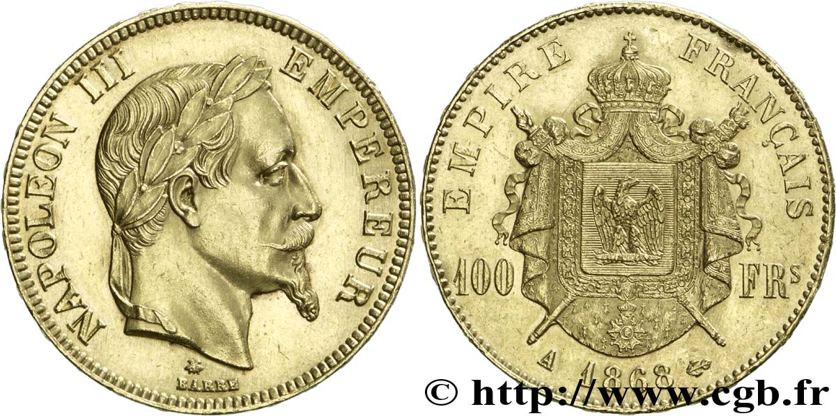 100 francs or Napoléon III, tête laurée 1868 Paris F.551/10 VZ 