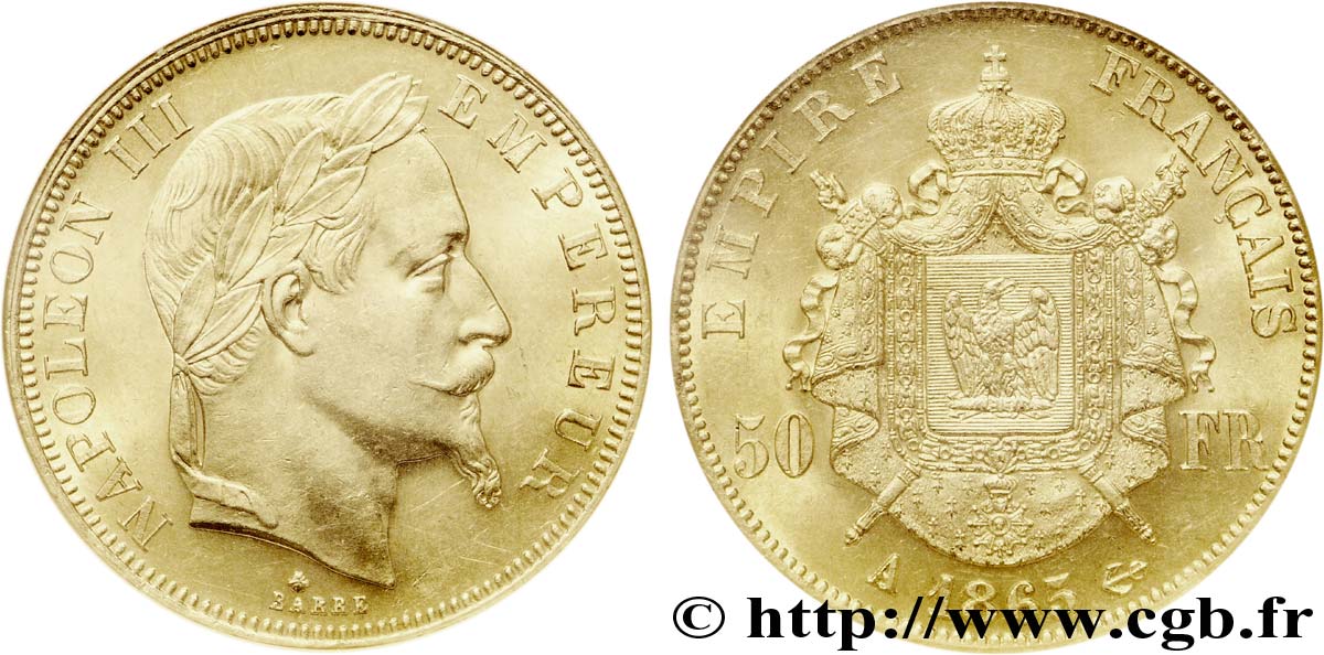 50 francs or Napoléon III, tête laurée 1865 Paris F.548/5 AU 