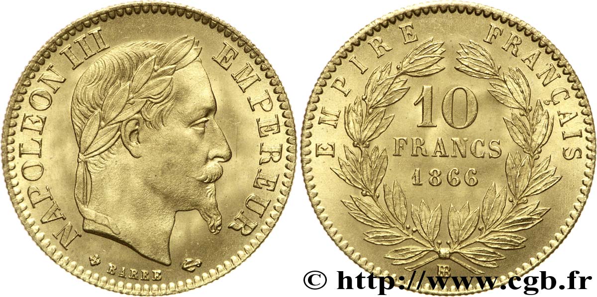 10 francs or Napoléon III, tête laurée 1866 Strasbourg F.507A/13 SPL 