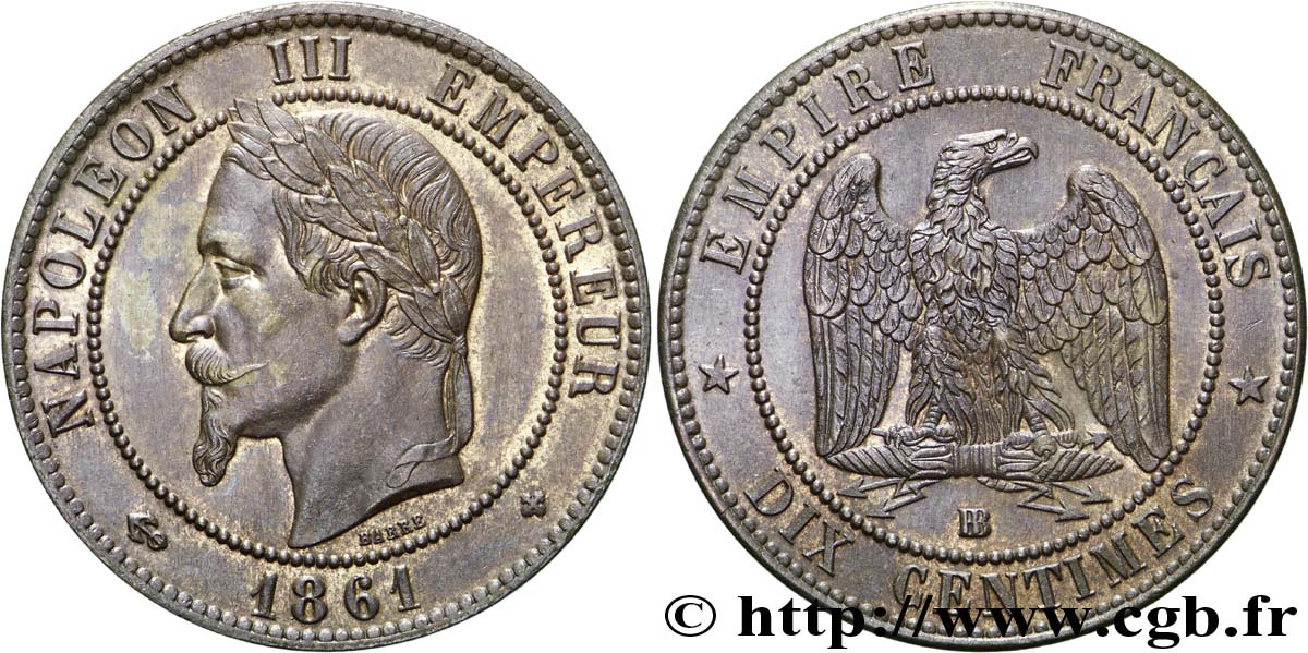 Dix centimes Napoléon III, tête laurée 1861 Strasbourg F.134/5 EBC 