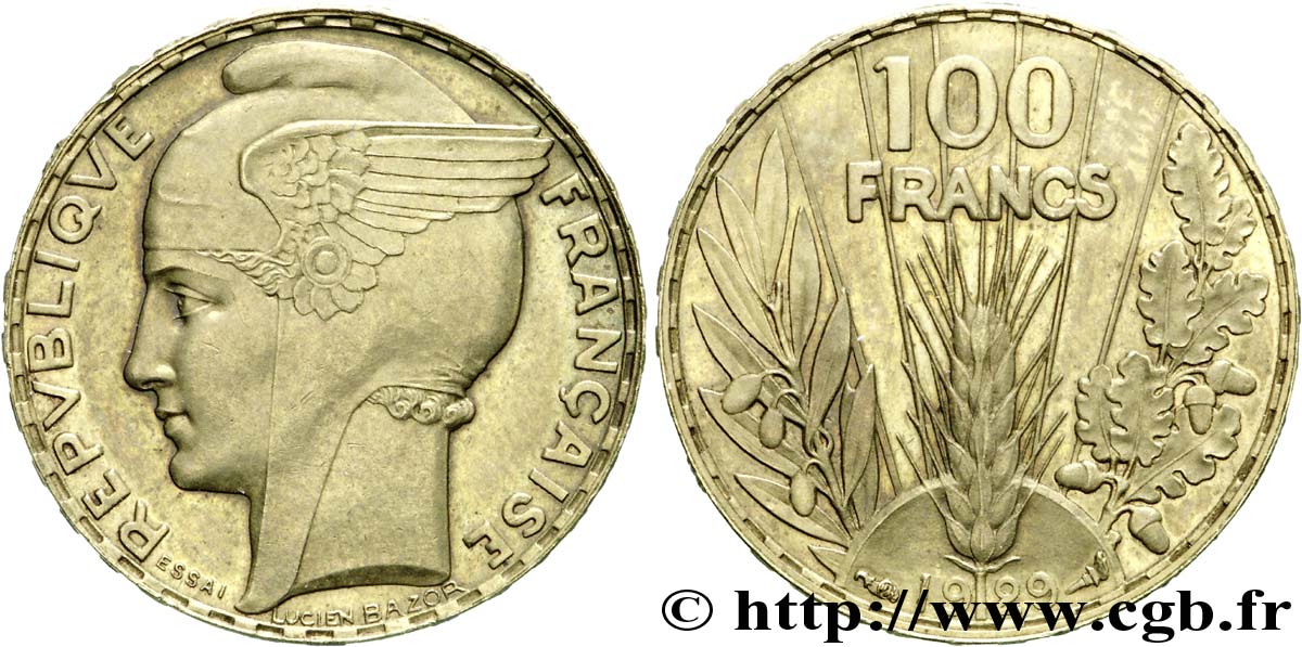 Essai concours de 100 francs en bronze-aluminium de Bazor 1929  VG.5216  EBC 