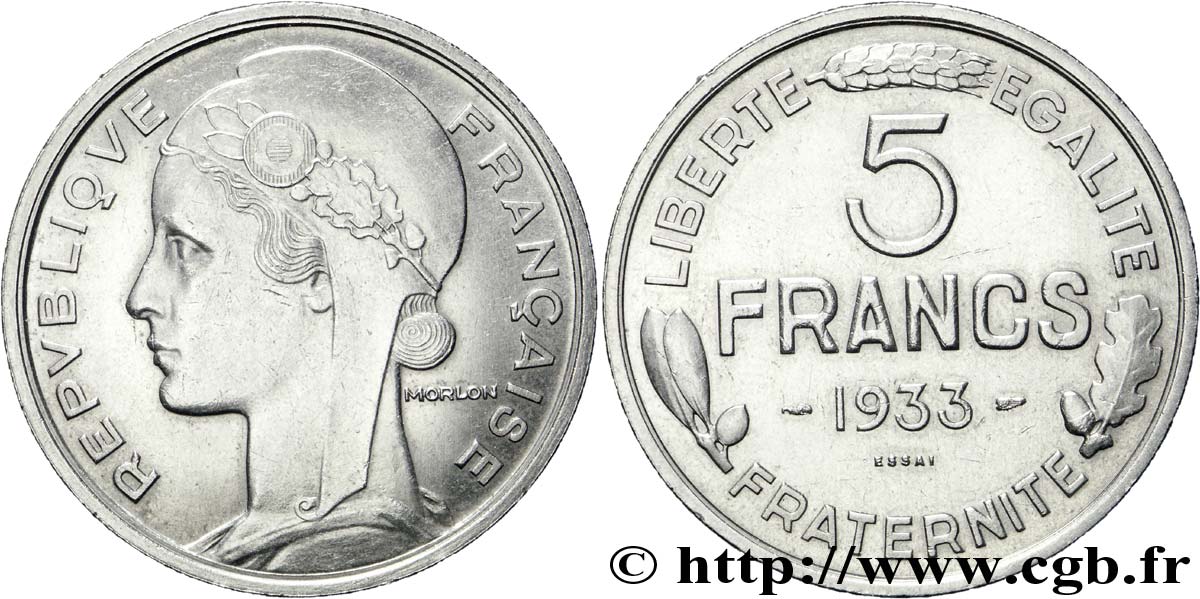 Concours de 5 francs, essai de Morlon en nickel 1933 Paris VG.5359  SUP 