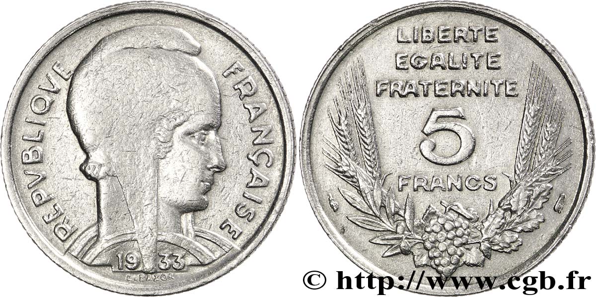 5 francs Bazor, frappe médaille 1933  F.335/2 var. TB 