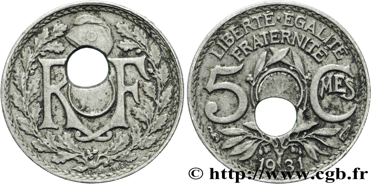 5 centimes Lindauer, petit module, trou décentré 1931 Paris F.122/14 var. TB 