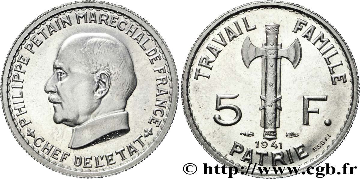 Essai de 5 francs Pétain 1941 Paris F.338/1 MS 
