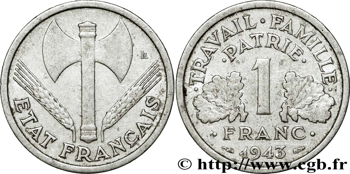 1 franc Francisque, légère, frappe médaille 1943 Paris F.223/3 var. TTB 