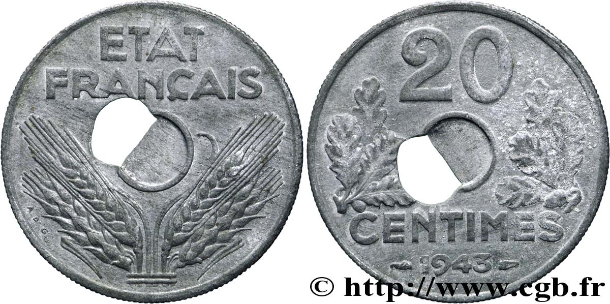 20 centimes État français, trou décentré 1943 Paris F.153A/1 MBC 