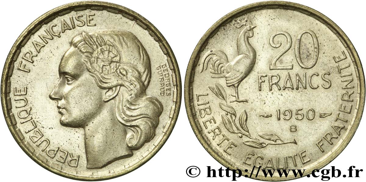 20 francs Georges Guiraud, 4 faucilles 1950 Beaumont-Le-Roger F.401/3 EBC 