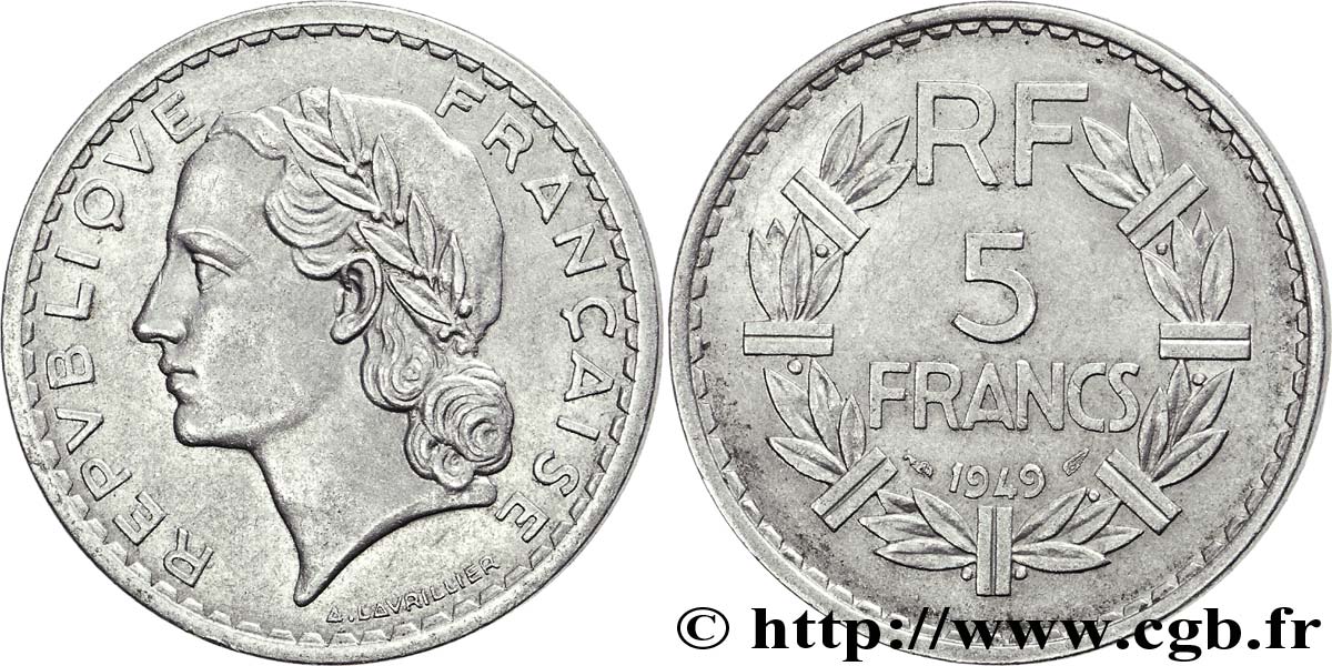 5 francs Lavrillier aluminium, 9 ouvert 1949  F.339/18 MBC 