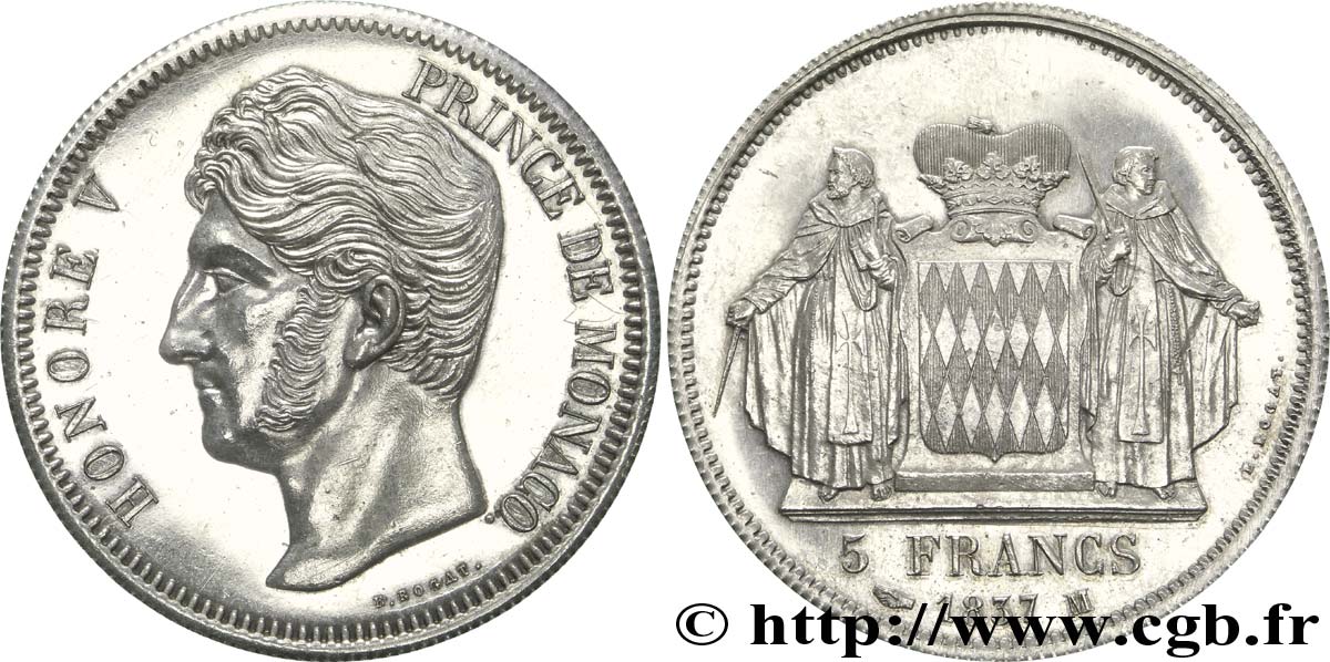 MONACO - PRINCIPAUTÉ DE MONACO - HONORÉ V 5 francs 1837 Monaco SPL 
