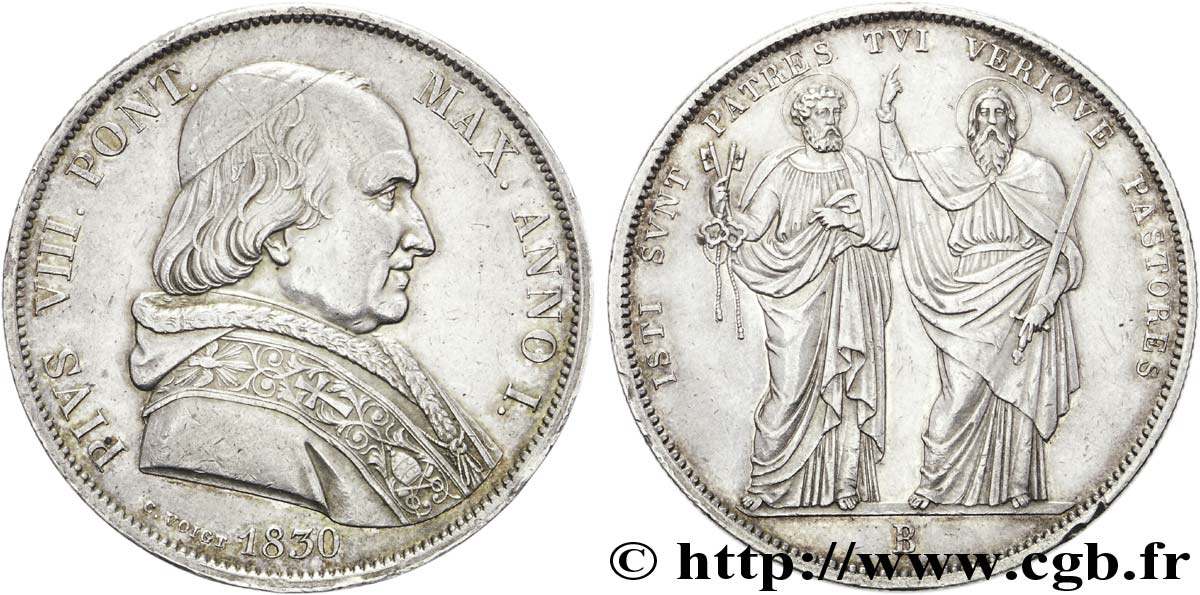 ITALY - PAPAL STATES - PIUS VIII (Francesco Castiglioni) Scudo 1830 Bologne XF 